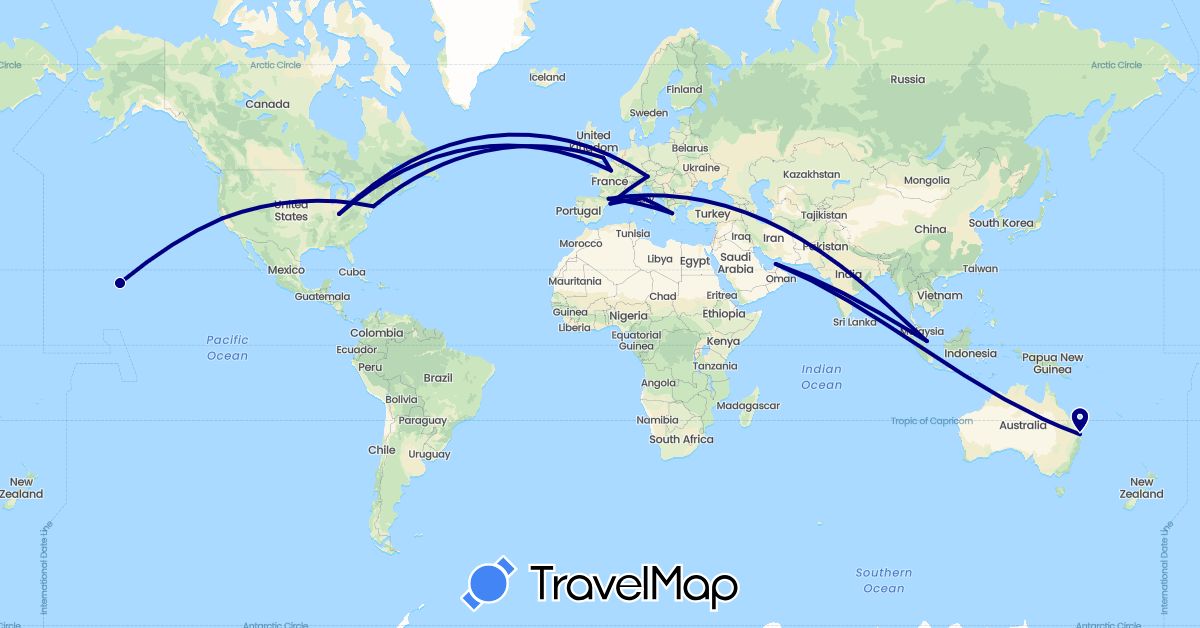 TravelMap itinerary: driving in Andorra, United Arab Emirates, Austria, Australia, France, United Kingdom, Greece, Italy, Singapore, United States (Asia, Europe, North America, Oceania)